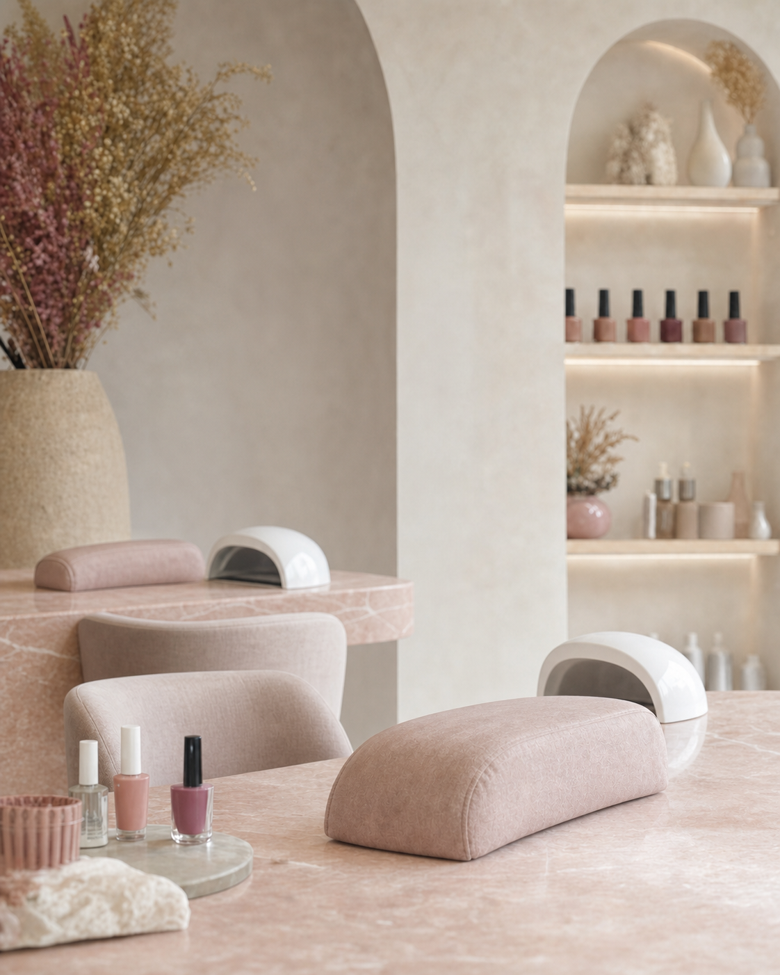 The warm blush interior of the BLOSSOM LONDON nail salon